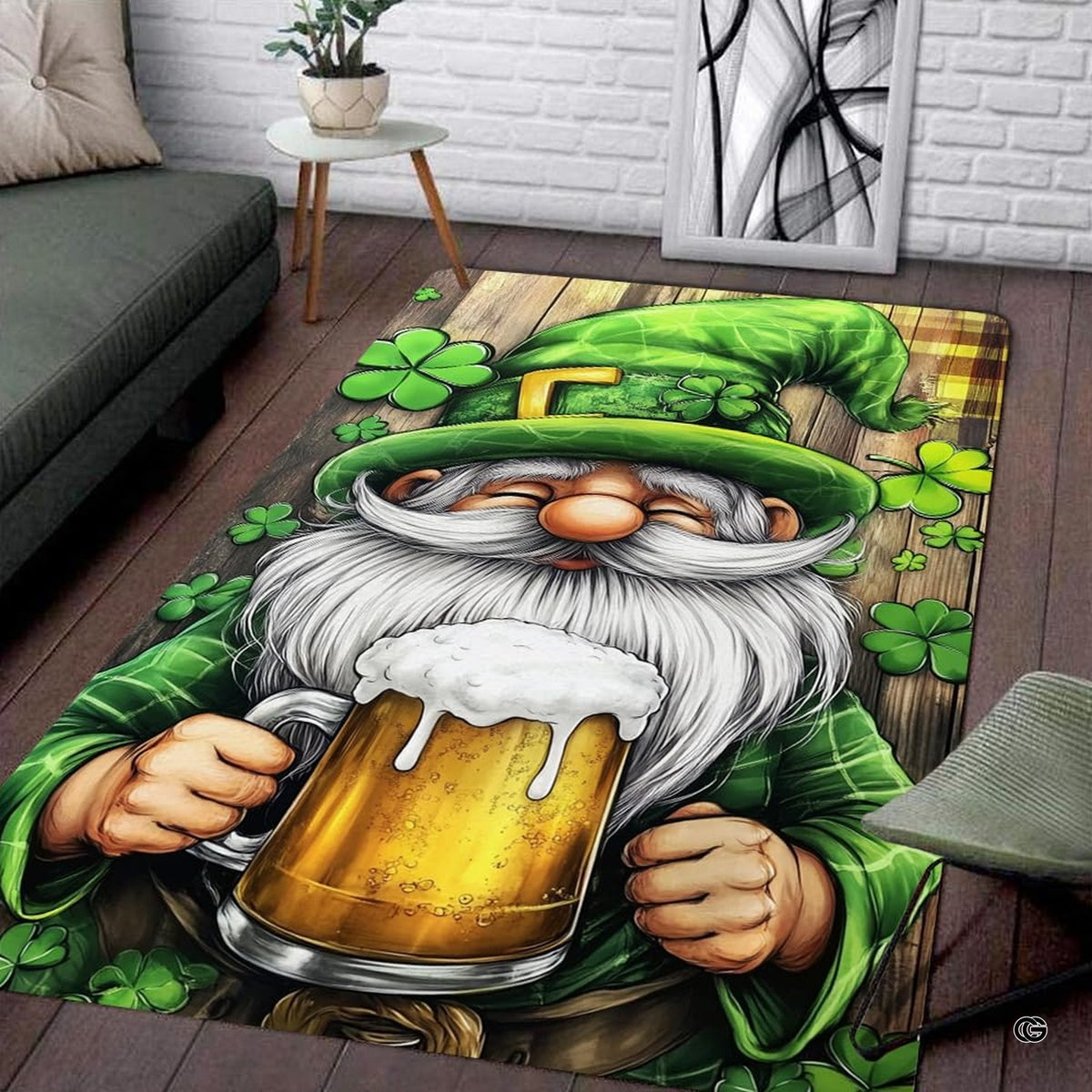 Jolly Irish leprechaun beer mug living room area rug with frothy golden ale and shamrocks - image 1 of 8