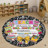 Composition notebook book area rug displaying stacked textbooks and school stationery illustrations.
