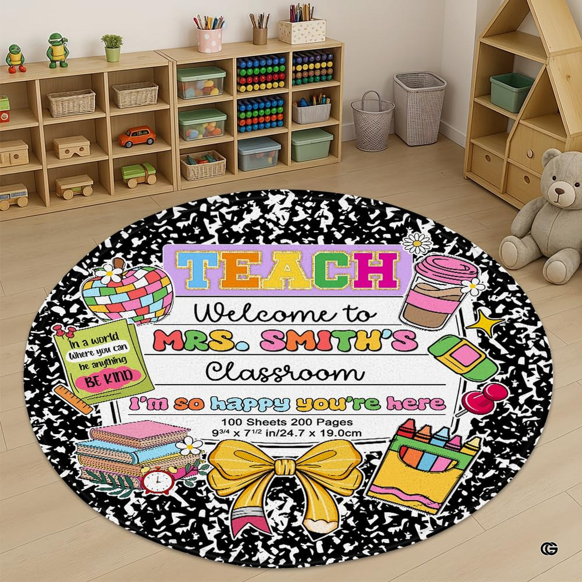 Composition notebook book area rug displaying stacked textbooks and school stationery illustrations. - image 1 of 9