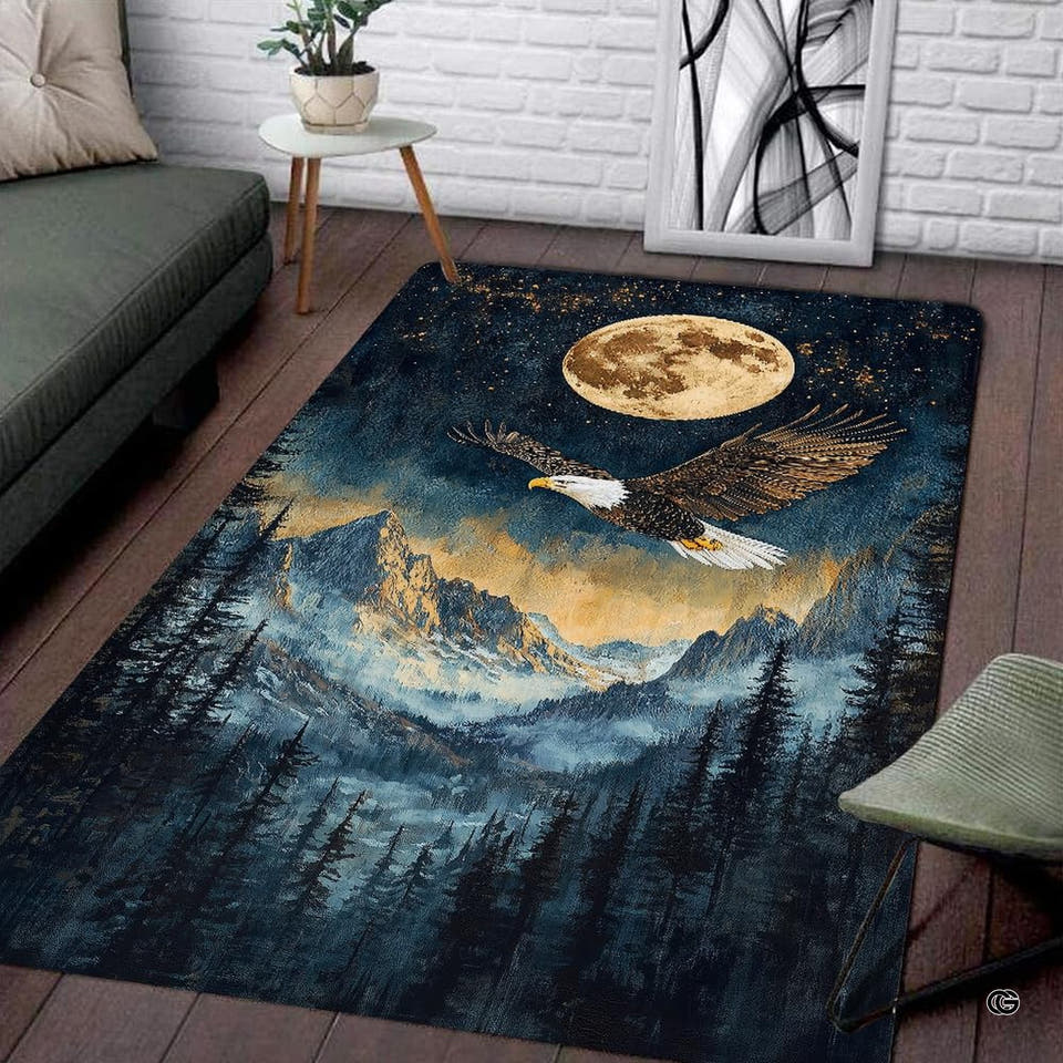 Full moon bald eagle mountain flight illustration rectangular area rug.