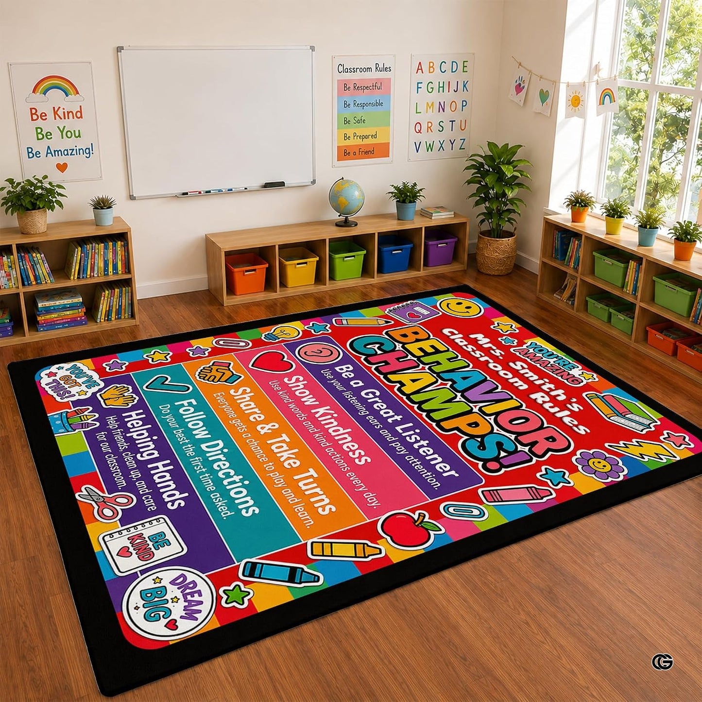Personalized Teachers Classroom Rug, Custom Teacher Name Classroom Rules Area Rug, Feeling Chart Calming Corner Mat, Kindergarten Educational Back to School Class Decor (D6)