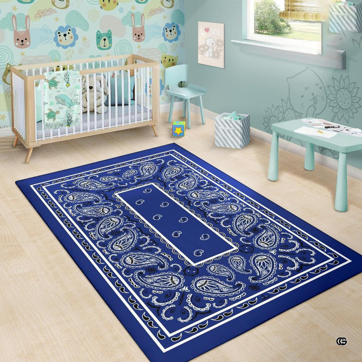 Bright contemporary sitting room interior showcasing the blue bandana print area rug