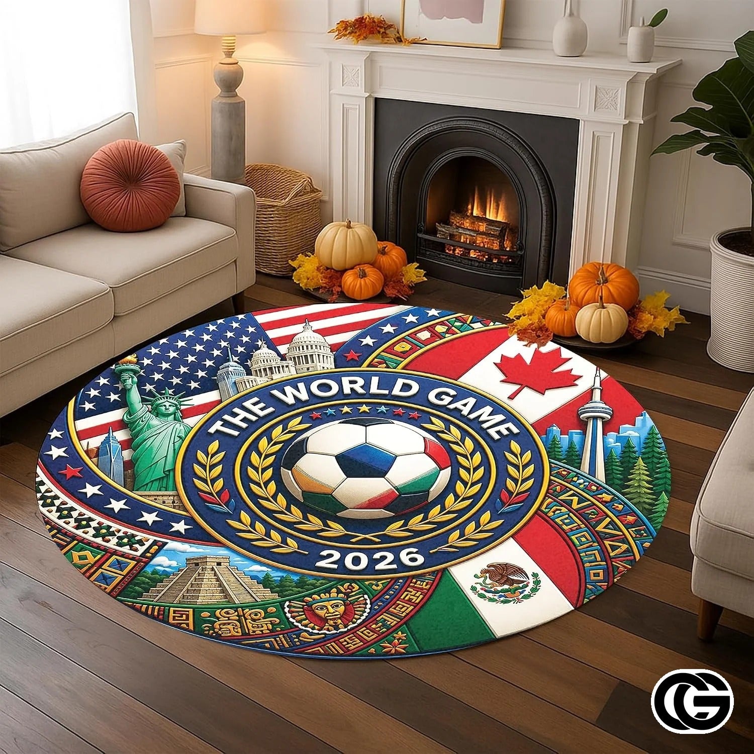 Custom Soccer 2026 Round Rug with Trophy and Flag Design