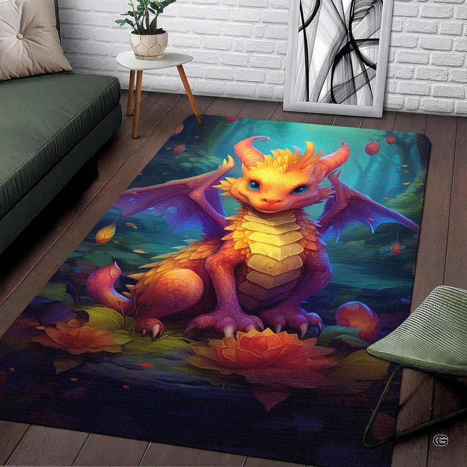 Baby dragon nursery rug showing cute golden creature resting on colorful water lilies in a bright room.