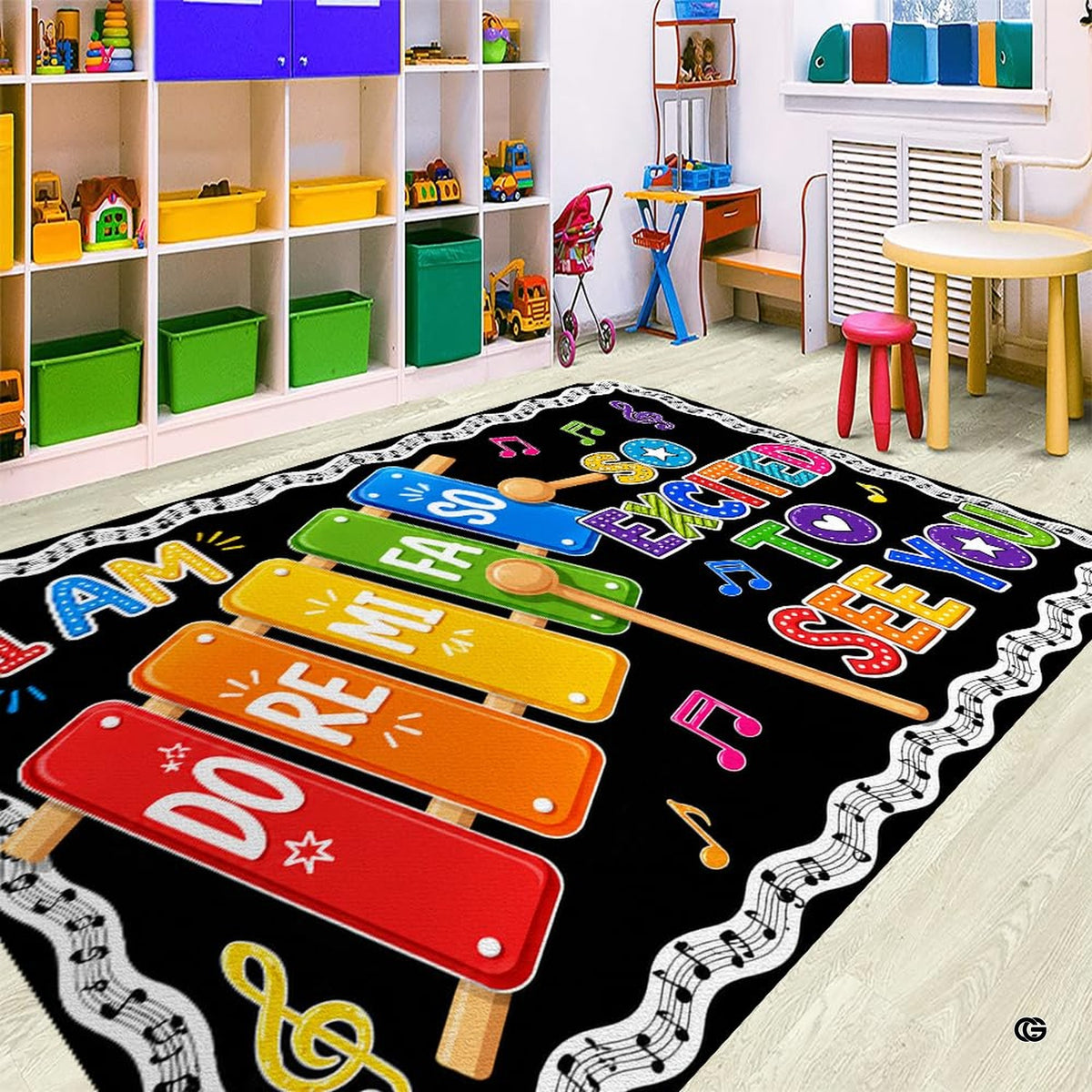Classroom music room floor styling showing chalkboard theme rug near student seating.