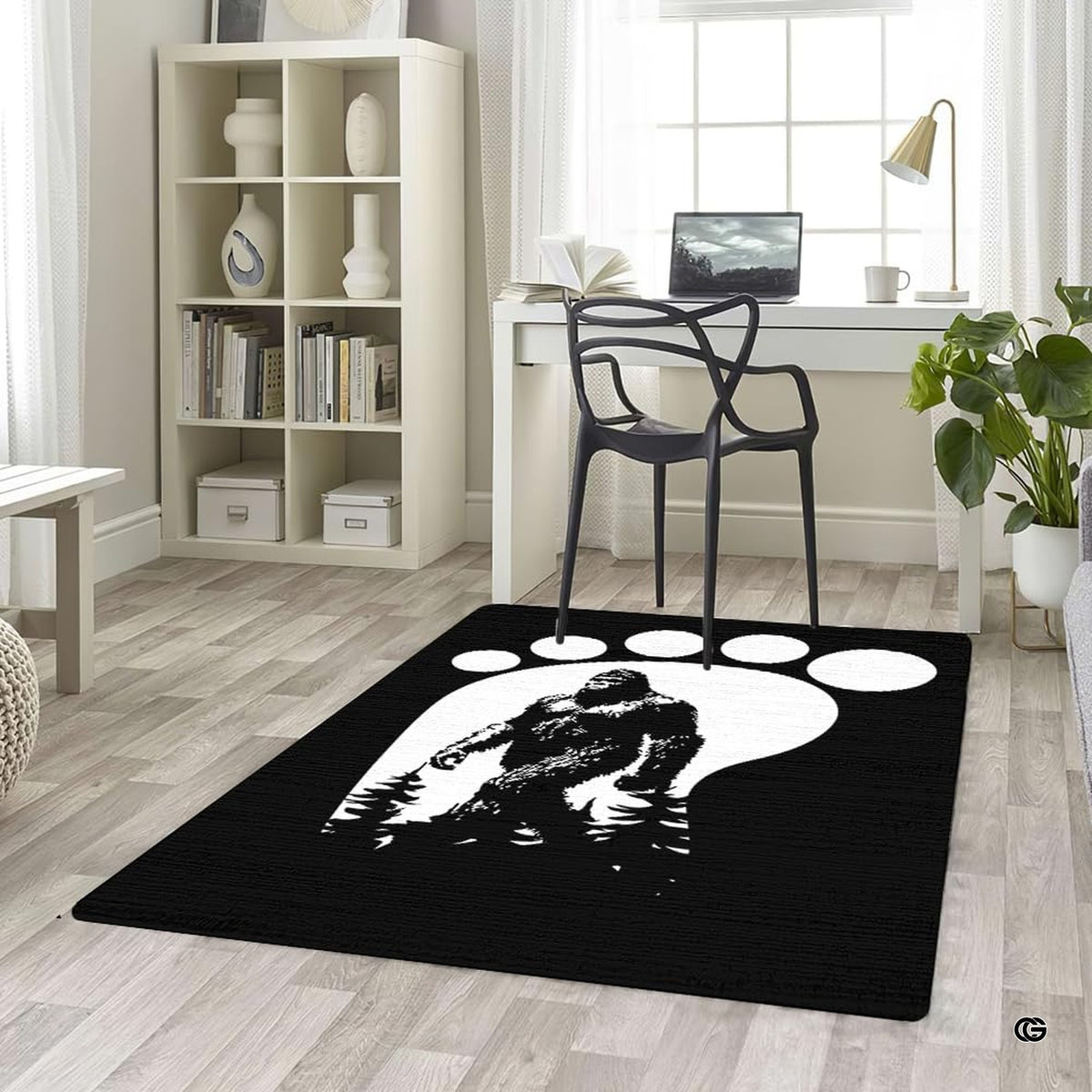 Home office desk setup with swivel chair placed over the black and white bigfoot track area rug - image 5 of 5