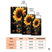 Dimension comparison chart displaying multiple size formats for this sunflower butterfly area rug. - thumbnail image 2 of 7
