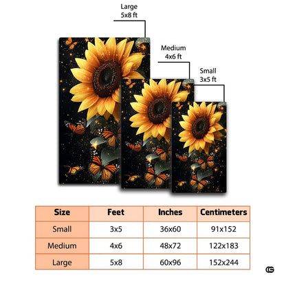 Dimension comparison chart displaying multiple size formats for this sunflower butterfly area rug. - thumbnail image 2 of 7