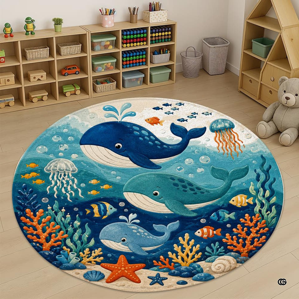 Circular ocean classroom area rug with smiling turquoise whale, swimming sea turtle, and colorful coral reef.