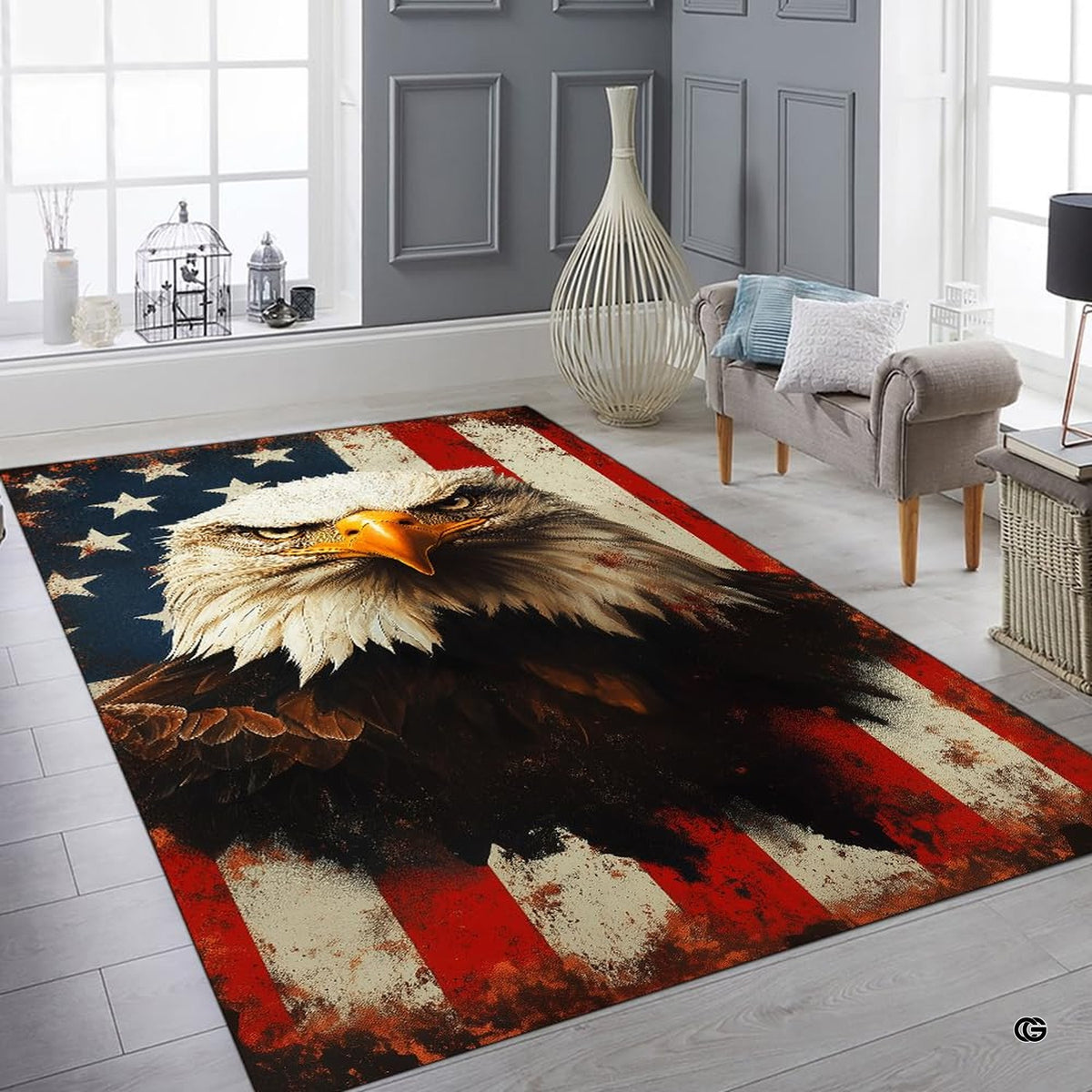 Americana eagle wildlife floor rug displayed in comfortable room interior