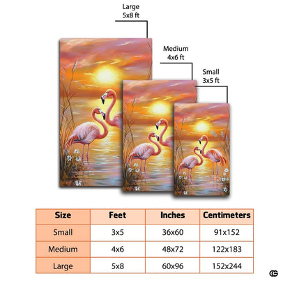 Overhead view of scenic area rugs presenting two flamingos facing each other amidst peach and golden reflections. - thumbnail image 5 of 7
