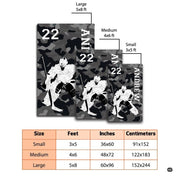 Dimensions and sizing chart for urban camo hockey goalie living room area rug - thumbnail image 2 of 7