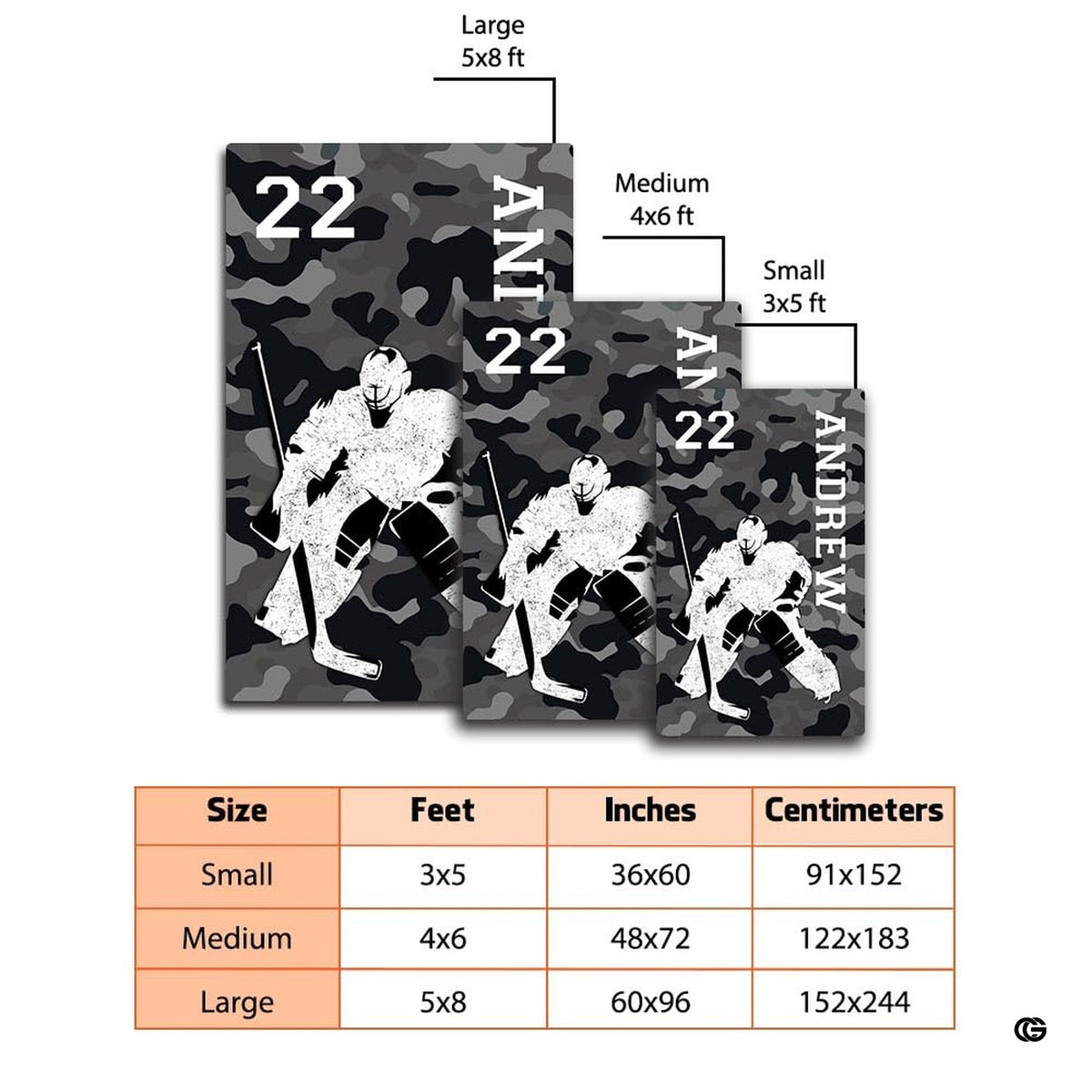 Dimensions and sizing chart for urban camo hockey goalie living room area rug - image 2 of 7