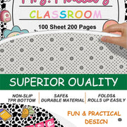 Close visual detail of cow print classroom theme area rug highlighting pencil, notebook, and bunting graphics. - thumbnail image 4 of 7