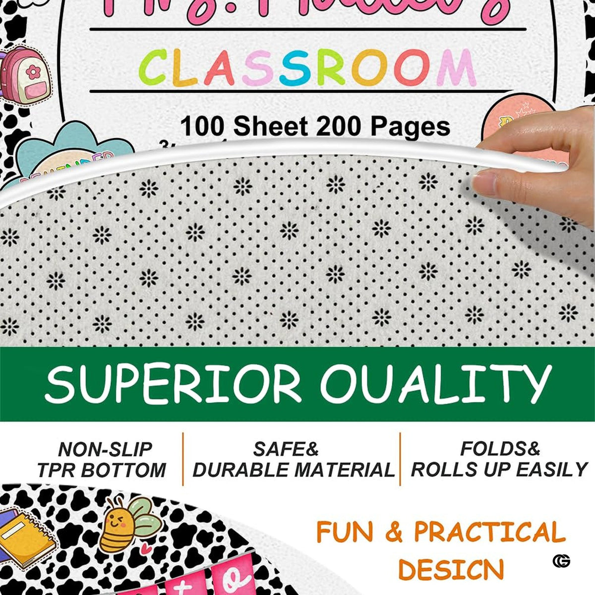 Close visual detail of cow print classroom theme area rug highlighting pencil, notebook, and bunting graphics. - image 4 of 7