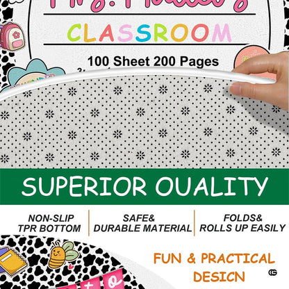 Close visual detail of cow print classroom theme area rug highlighting pencil, notebook, and bunting graphics. - thumbnail image 4 of 7