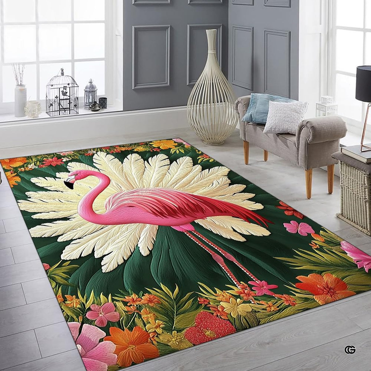 Bright modern sitting room featuring the vibrant flamingo floral art rug and decorative vases - image 6 of 8