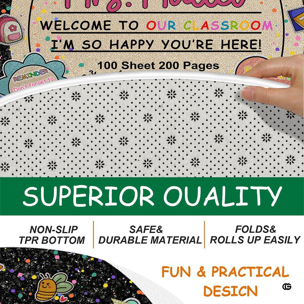 Top-down display of round educational rug artwork featuring pastel frame and confetti speckles. - image 4 of 7