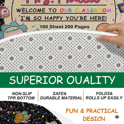 Top-down display of round educational rug artwork featuring pastel frame and confetti speckles. - thumbnail image 4 of 7