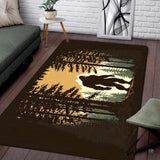 Living room setup with hardwood floor and white brick wall showcasing bigfoot forest sunset cabin area rug