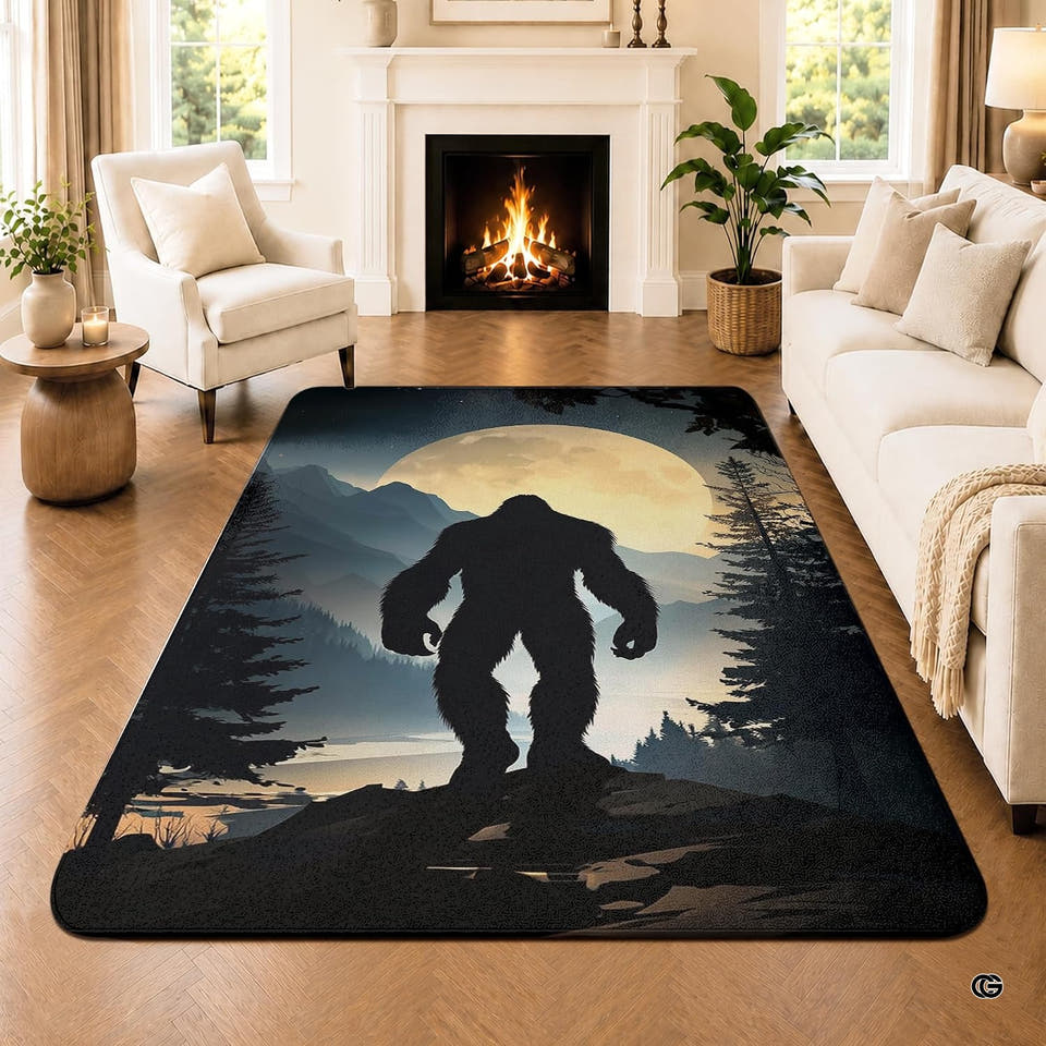 Personalized Bigfoot Area Rug Sasquatch Rug Unique Outdoor Adventure for Home Décor Living Room Bedroom (Bigfoot and Moon)
