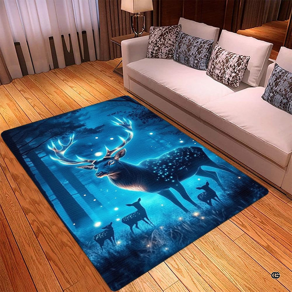 Close up of enchanted woodland rug artwork showing turquoise fireflies and starry night details.