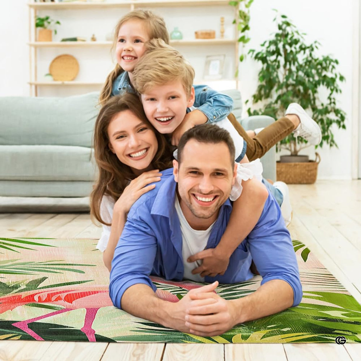 Contemporary home lounge setting displaying the tropical pink flamingo floor rug - image 7 of 7