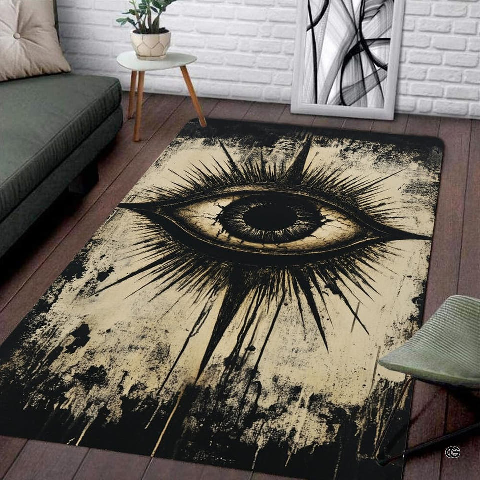 Living room setup with couch and white brick wall showcasing grunge gothic evil eye area rug