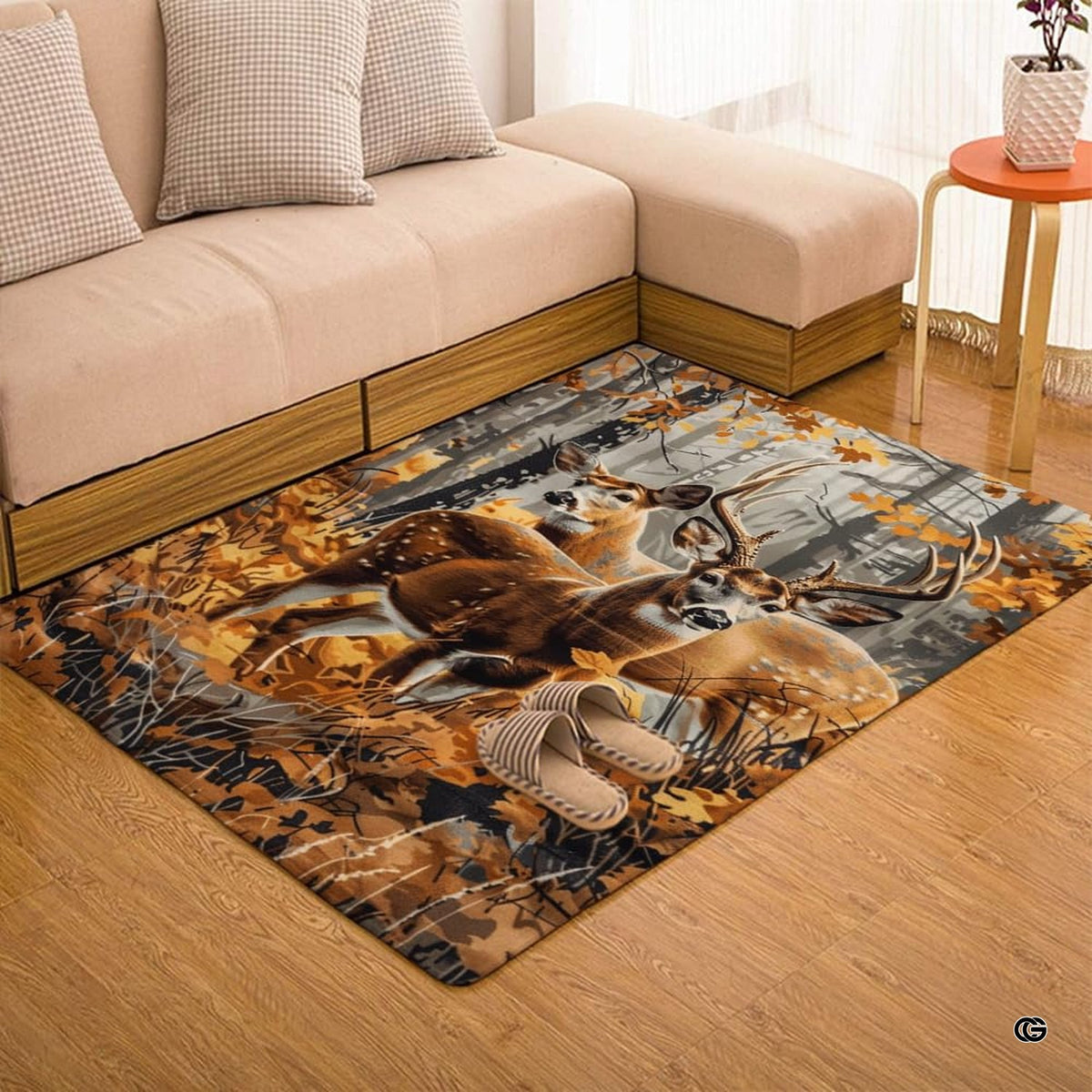 Whitetail deer forest area rug displayed beside living room couch and side table.