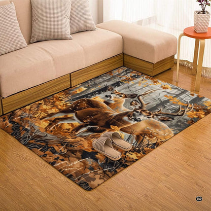 Whitetail deer forest area rug displayed beside living room couch and side table. - thumbnail image 7 of 7