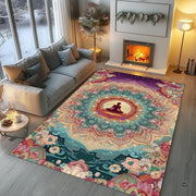 Fireside lounge setting with a person relaxing on the meditating yoga lotus rug - thumbnail image 5 of 8