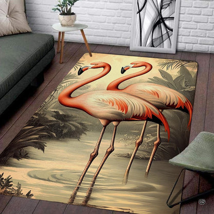 Vintage botanical pink flamingo pair living room area rug with sepia palm landscape - thumbnail image 1 of 7