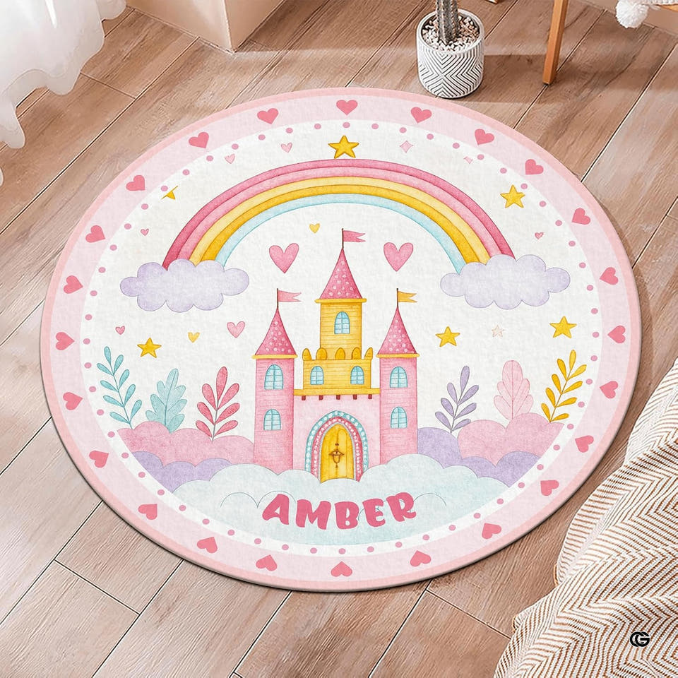 Pastel fairy tale castle round area rug with rainbow and hearts on wood floor