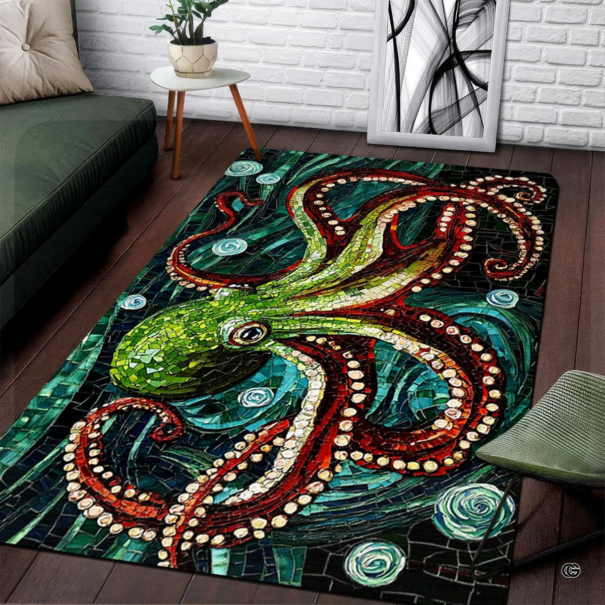 Overhead perspective of stained glass marine life octopus floor accent displaying vibrant green mosaic tiles. - image 4 of 7