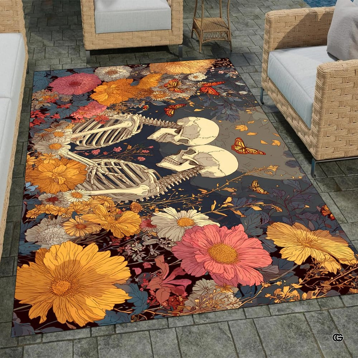 Patio setting featuring a floral skeleton area rug with wicker lounge furniture - image 2 of 8