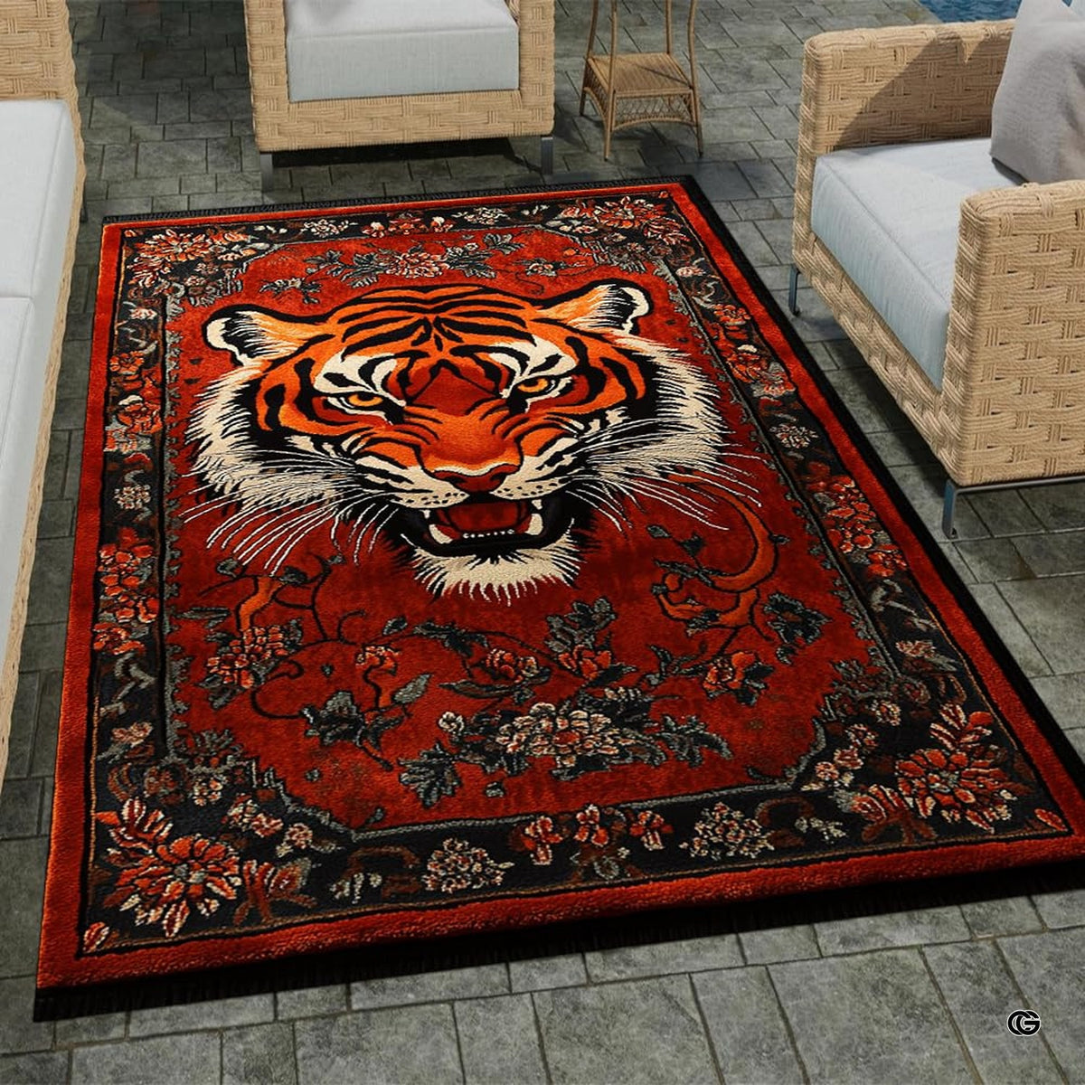 Home lounge arrangement displaying the antique crimson tiger accent rug