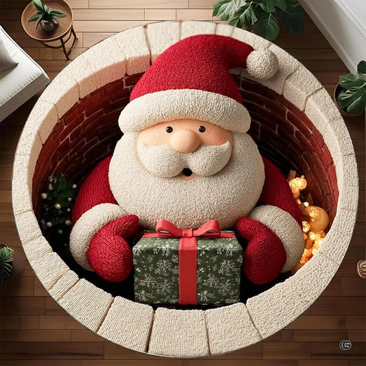 Round Santa gift rug with green present inside a brick chimney