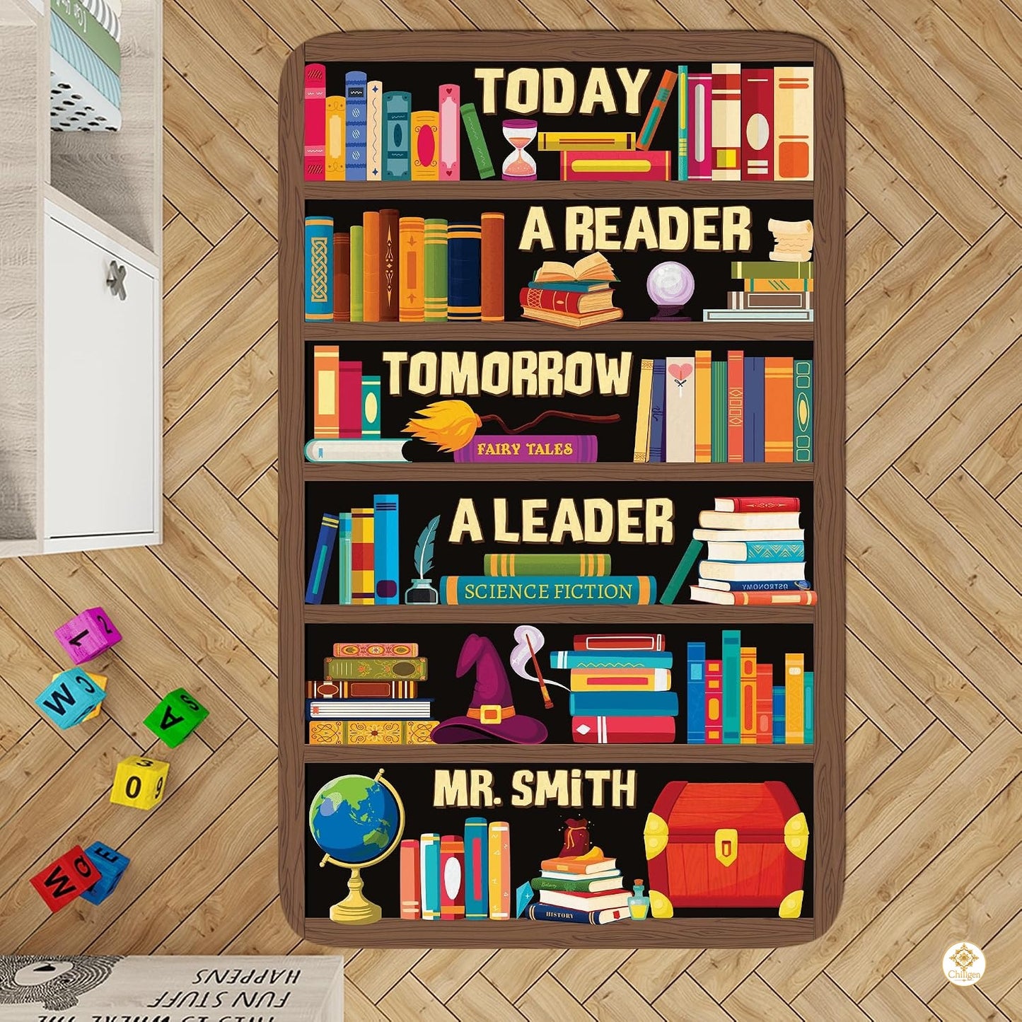 Custom Classroom Welcome Mat with Library and Bookshelf Detail