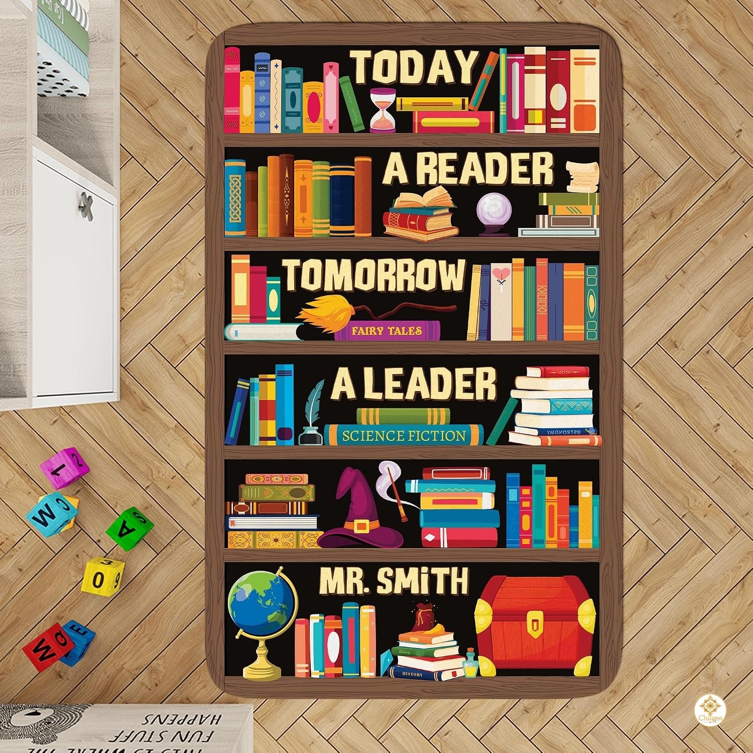 Custom Classroom Welcome Mat with Library and Bookshelf Detail