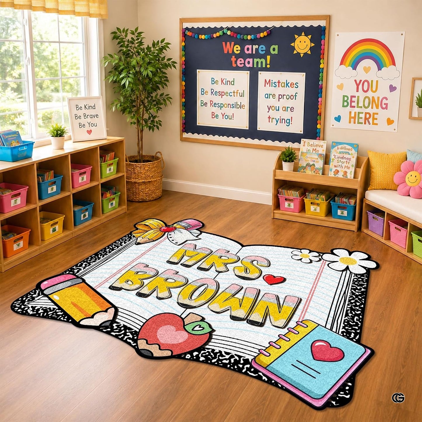 Personalized Composition Notebook Classroom Shaped Rugs for Kids (A05) | Custom Pennant Flag Carpet for Reading Corner, Non-Slip Apple Shape Rug Mat, Classroom Decor, Back To School Gift