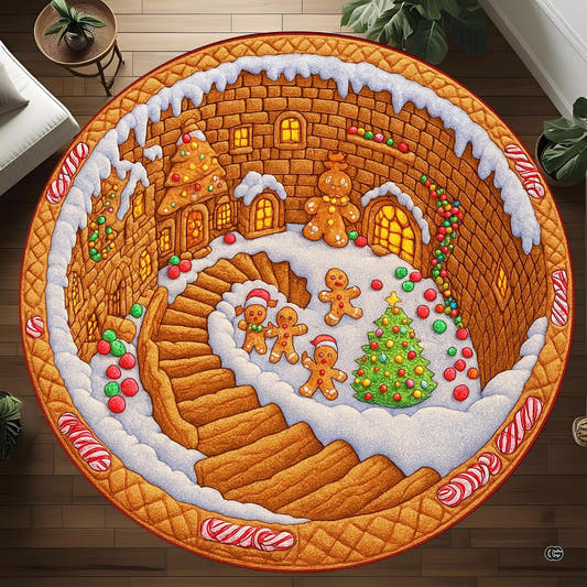 Gingerbread village spiral tower holiday circular area rug in top overhead view