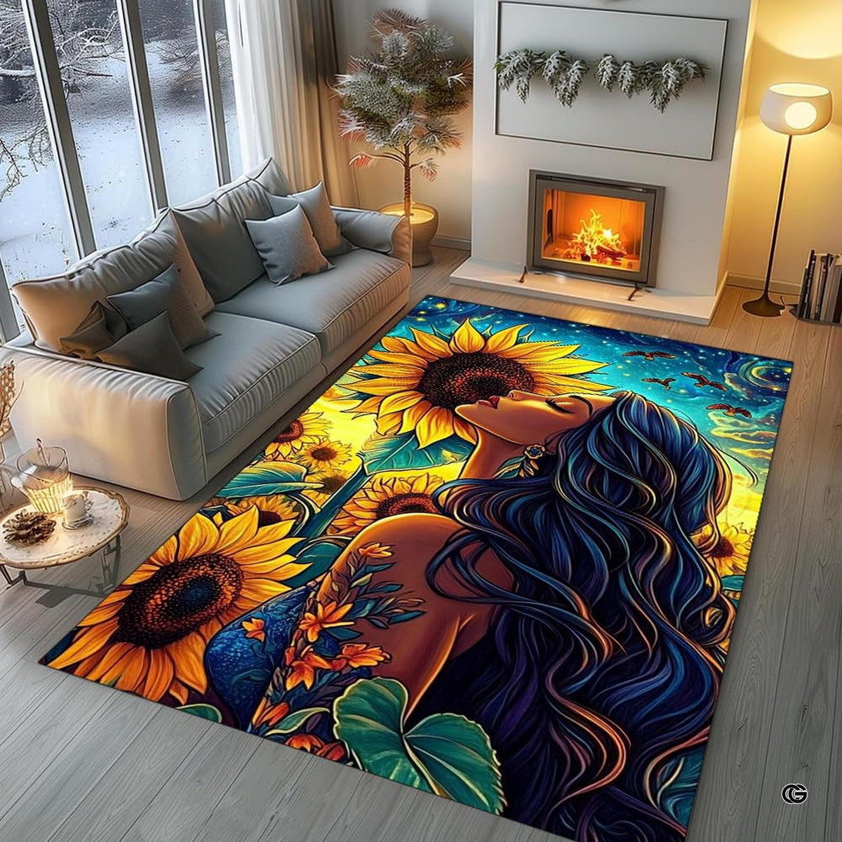 Art print style floor rug featuring deep navy, teal, and terracotta tones with bird silhouettes.
