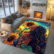 Art print style floor rug featuring deep navy, teal, and terracotta tones with bird silhouettes. - thumbnail image 5 of 8