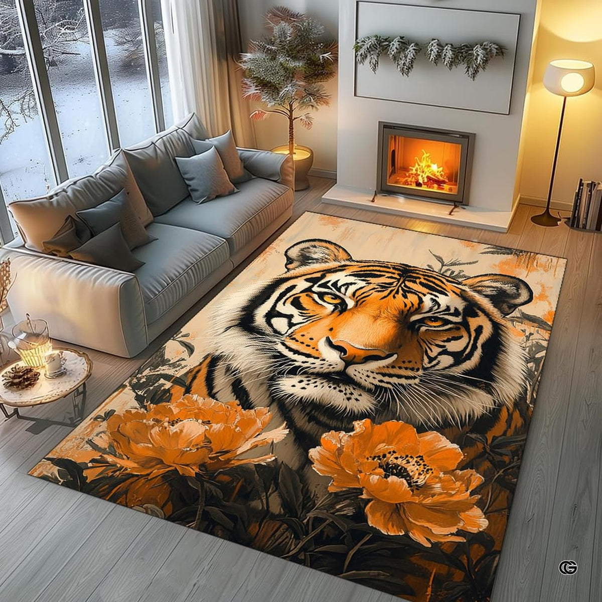 Living room arrangement showing the golden peony tiger rug on wooden floor