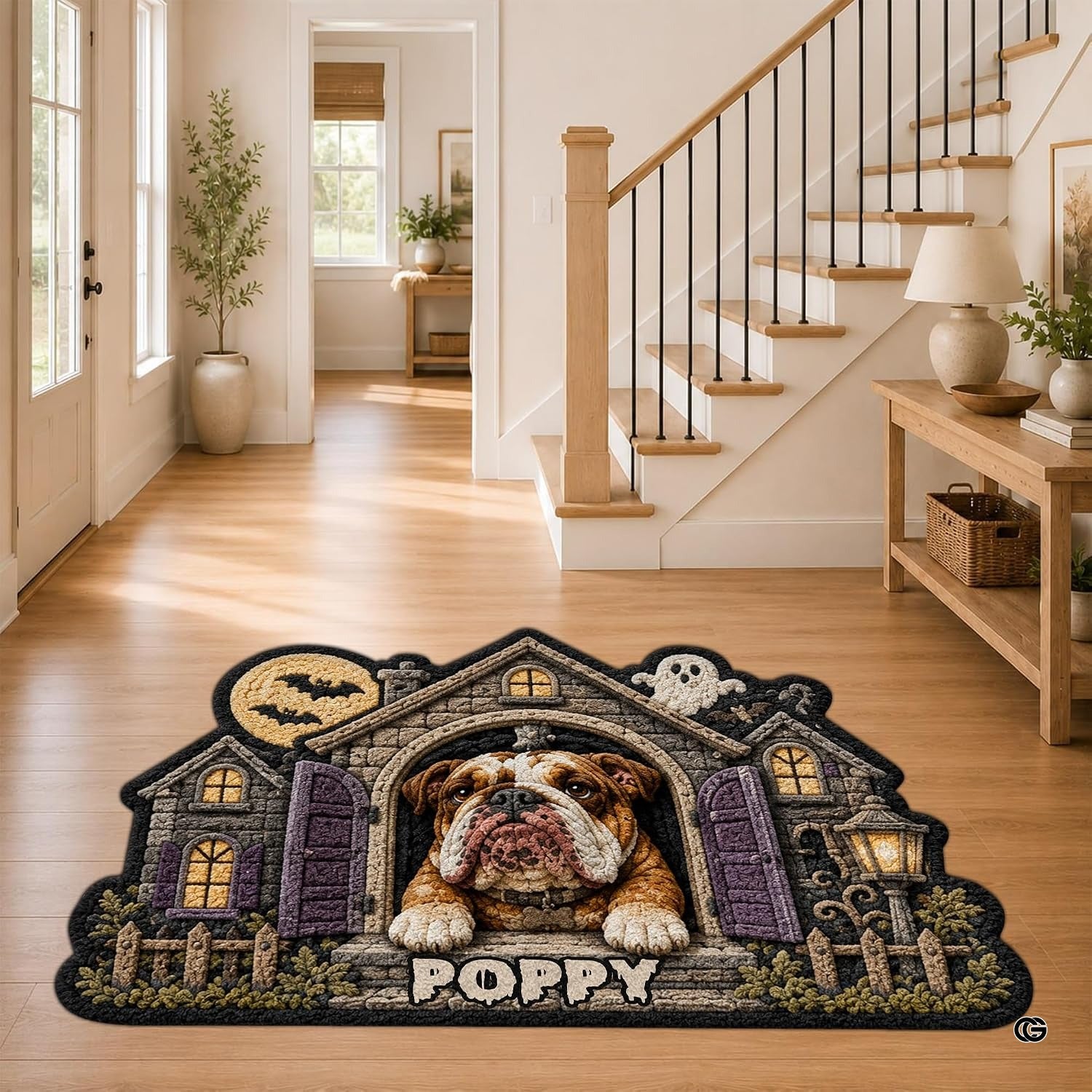 Custom Dog Photo Rug, Personalized Pet Portrait Area Mat Non Slip Indoor Door Rug for Dog Lovers, Welcome Home Decor Halloween (Haunted House)