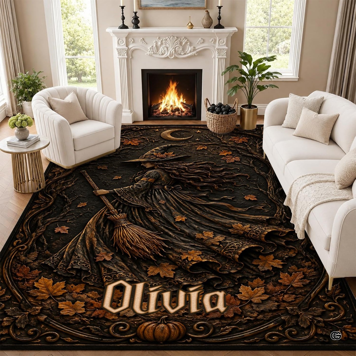 Personalized Witch Area Rug with Name - Custom Halloween Rug, Black Cat & Raven Floor Carpet, Spooky Gothic Home Decor, Non Slip Rugs (Style 10)