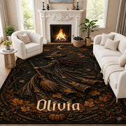 Personalized Witch Area Rug with Name - Custom Halloween Rug, Black Cat & Raven Floor Carpet, Spooky Gothic Home Decor, Non Slip Rugs (Style 10)