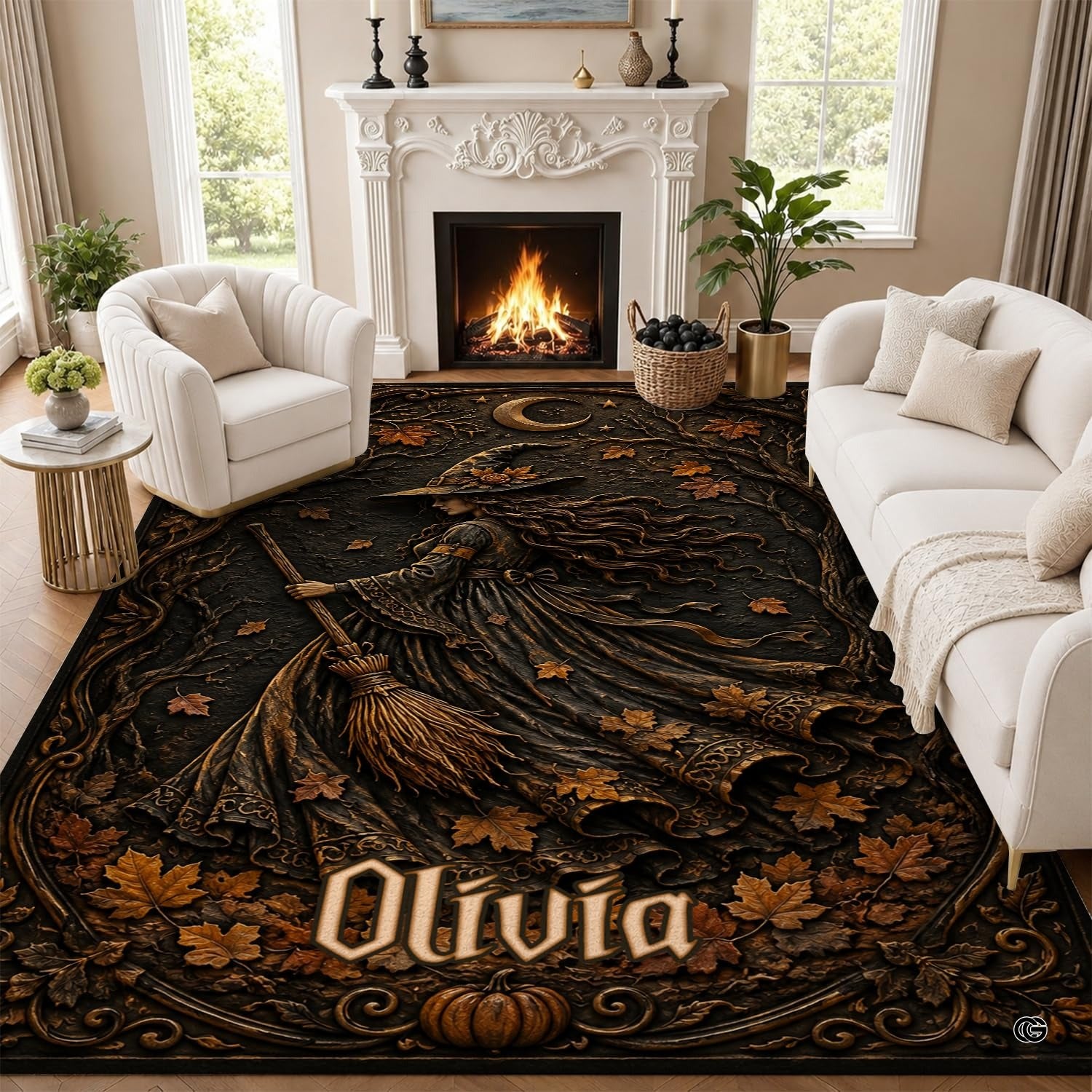 Personalized Witch Area Rug with Name - Custom Halloween Rug, Black Cat & Raven Floor Carpet, Spooky Gothic Home Decor, Non Slip Rugs (Style 10)