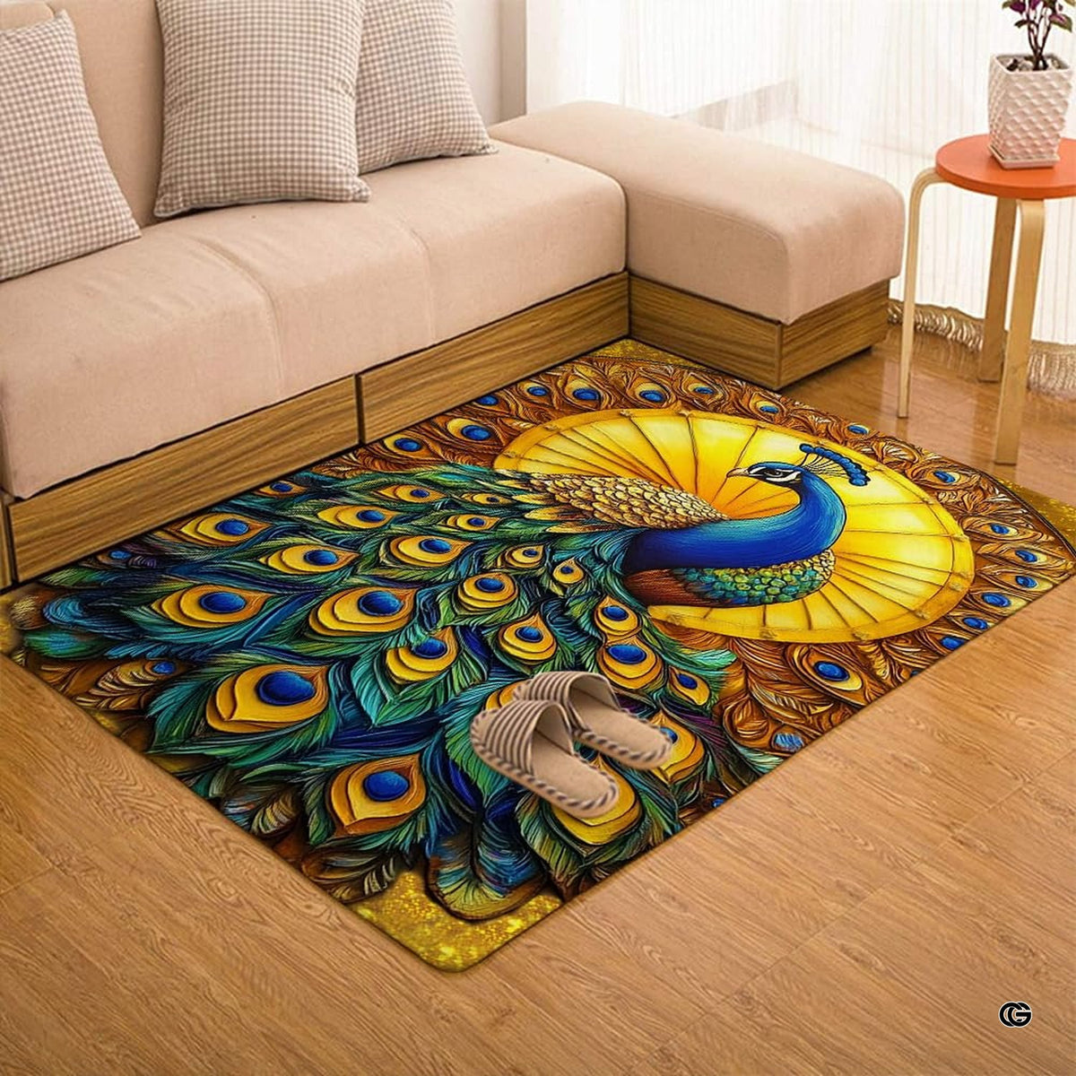 Decorated dining space anchored by an ornate peacock design floor art rug with speckled background. - image 7 of 7