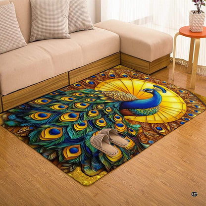 Decorated dining space anchored by an ornate peacock design floor art rug with speckled background. - thumbnail image 7 of 7